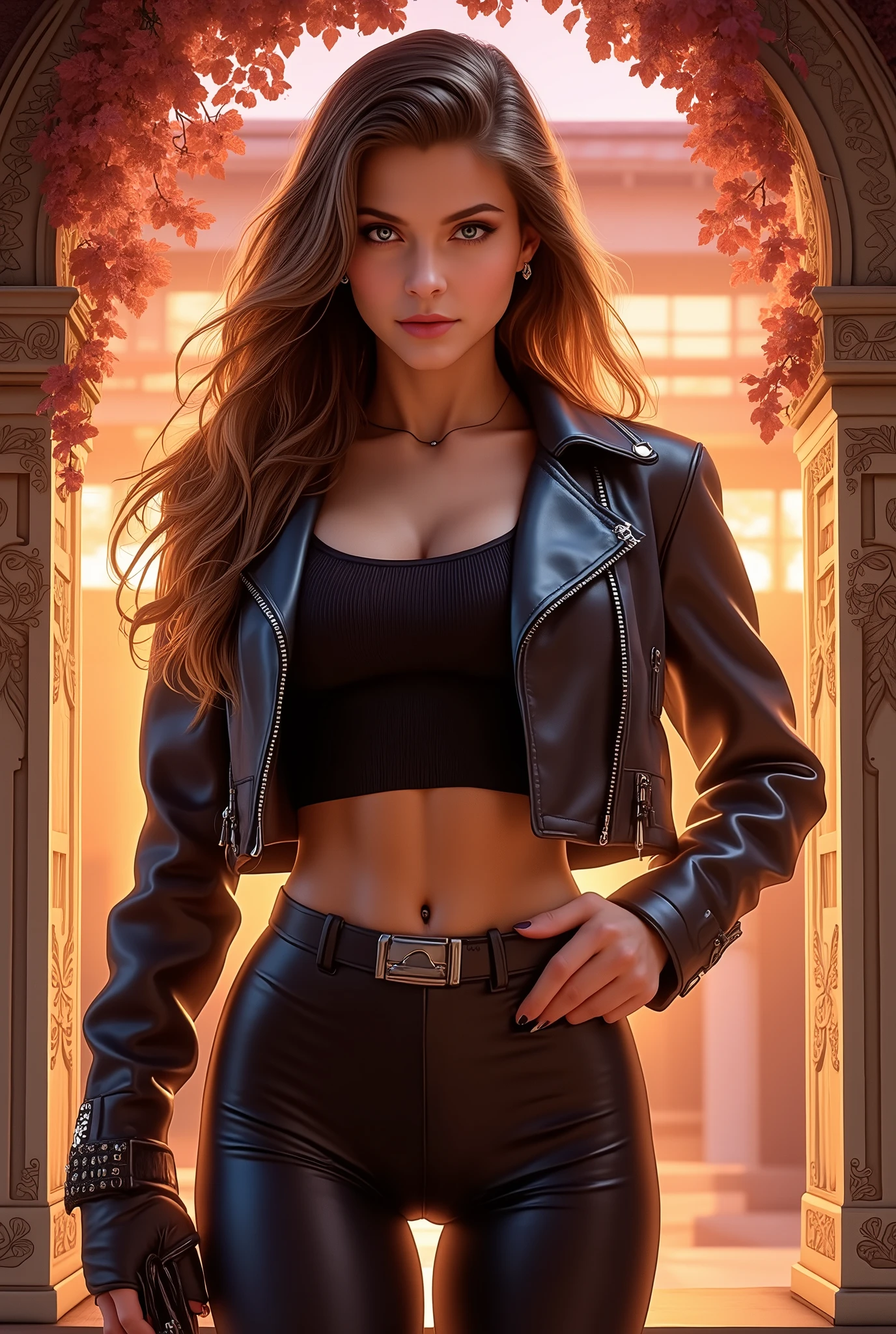 photorealism , full body , a young woman , leather jacket & pants , leather , beautiful realistic eyeantastic face , beautiful look , Michael Garmash , Daniel F Gerhartz , Storybook style , warm dreamy lighting , volumetric lighting , pulp adventure style , dynamic gradients , vivid color , illustration , smooth and clean , 3d shading , cinematic , ornate patterns , elegant organic framing , hyperrealism , posterized , collection of masterpieces , lush vivid colors , twilight , wet gouache , black high heeled ankle boots with block heel
INFO