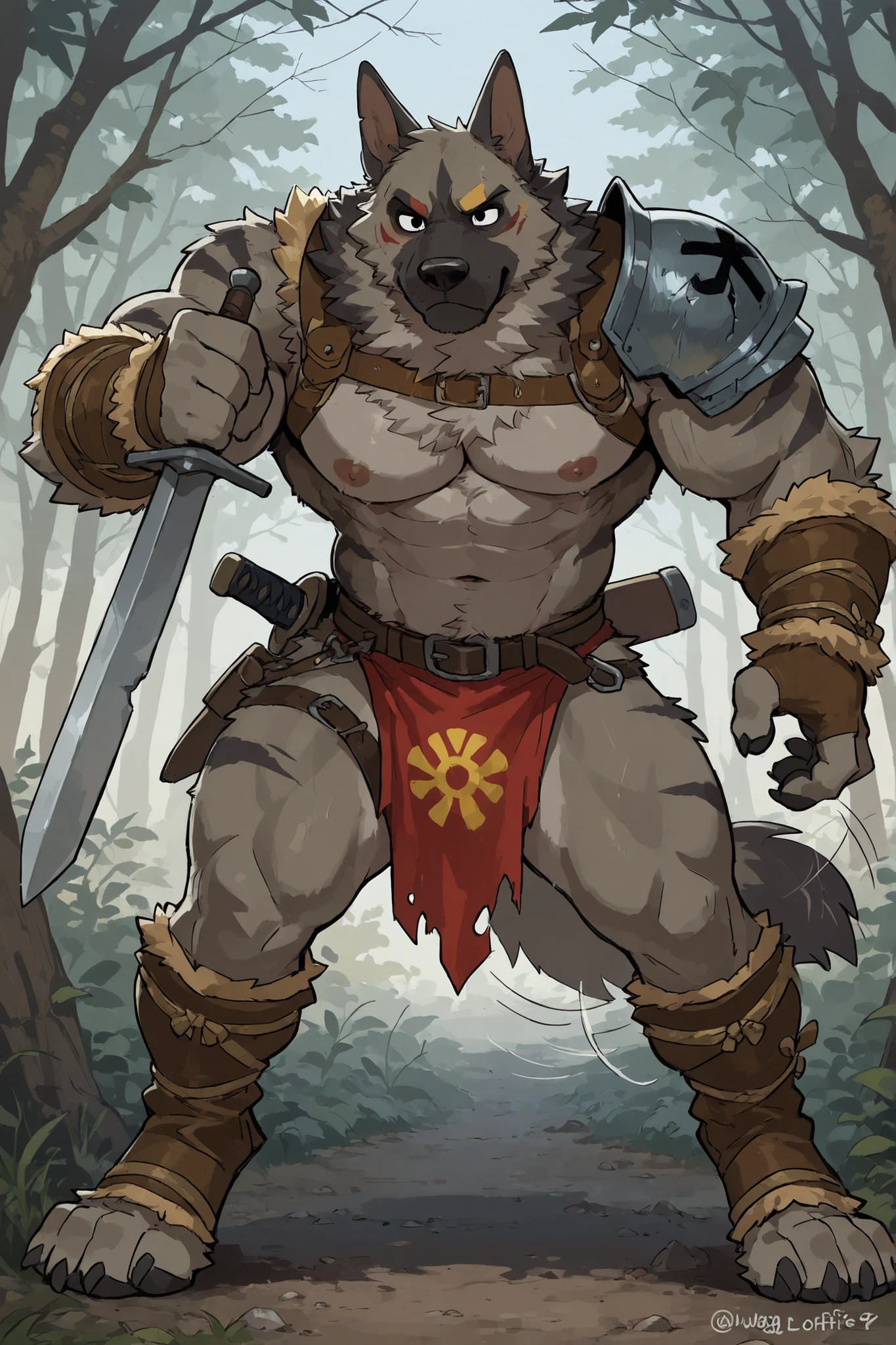 score_9, score_8_up, score_7_up, score_6_up, masterpiece, best quality, amazing quality, stripping armor off, very aesthetic, by a cottage, holding sword, war paint, stripes on fur, absurdres, newest, scenery, (heartless, muscular, anthro, dominant, lost in thought, big muscles, 1male, solo, wripped loincloth, joyful, anthro dog, anthro german shepherd, closed Mouth, happy, tale wag, wagging tale , monster dog, black and grey fur, detailed black eyes, smith, (sharp teeth), (by woolfie:), broken armor, dog sheath, loincloth moved to the side, dog sheath, dog penis
