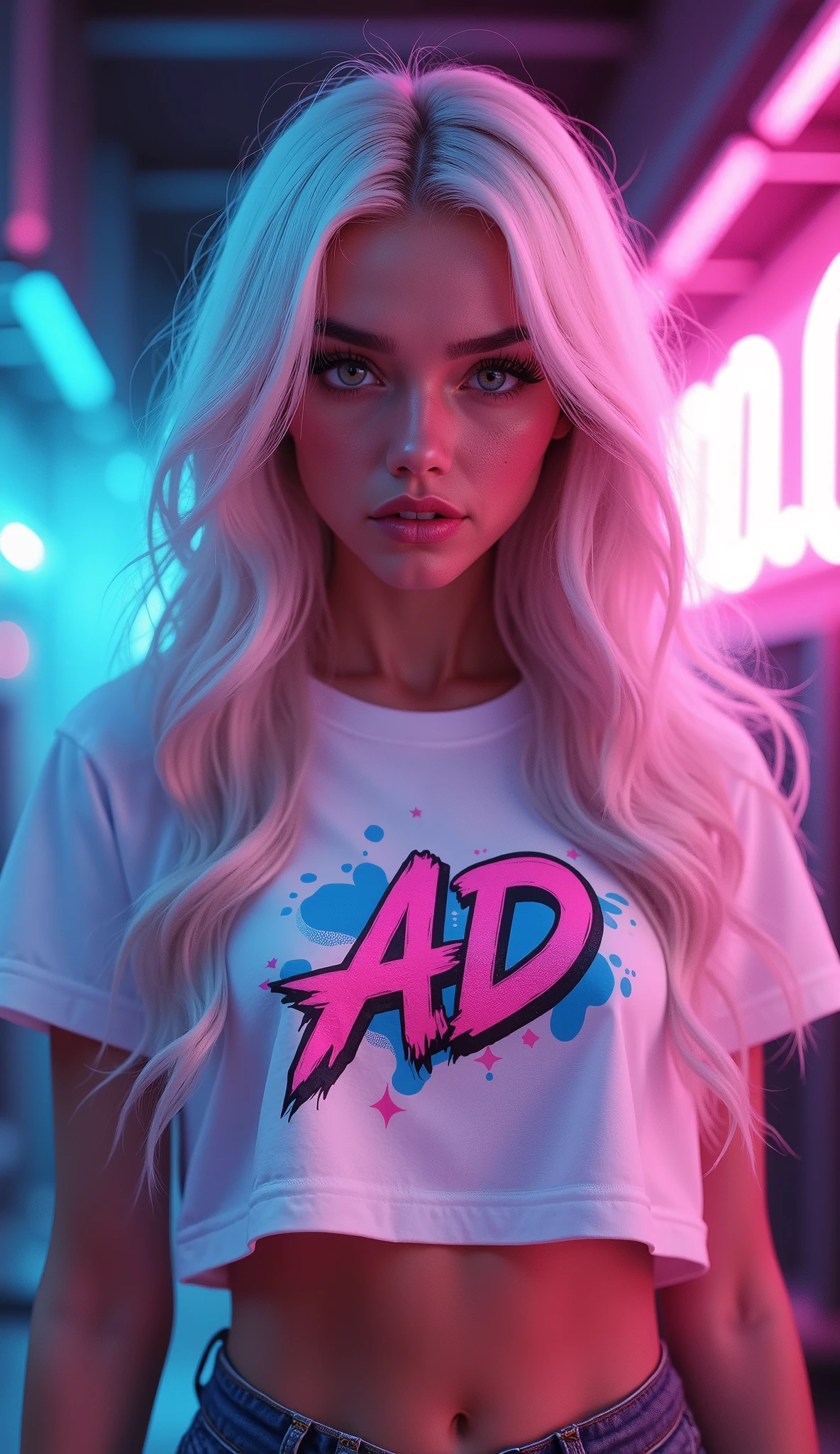 A striking digital illustration of a beautiful young woman with long, wavy white hair featuring subtle pink highlights, styled in a cropped white t-shirt adorned with a vibrant, graffiti-style "AD" logo. The composition is captured from a waist-up perspective, centering her in the frame with perfect headroom and a shallow depth of field, ensuring her shoulders and face are in sharp focus. The background is a dramatic blend of deep blues and magentas, infused with a vibrant neon glow that creates an electric color palette. The lighting exudes a moody and dramatic atmosphere, characterized by low-key cinematic lighting and high contrast. Intense shadows deepen the scene, while focused highlights accentuate her striking features, including her large, expressive grey eyes. Surrounding her face and upper body is a mesmerizing, glowing flame effect that enhances the futuristic vibe, reflecting off glossy surfaces and evoking a nightclub ambiance. The overall image conveys an intense and immersive look, blending urban energy with a retro-futuristic aesthetic that captivates the viewer.