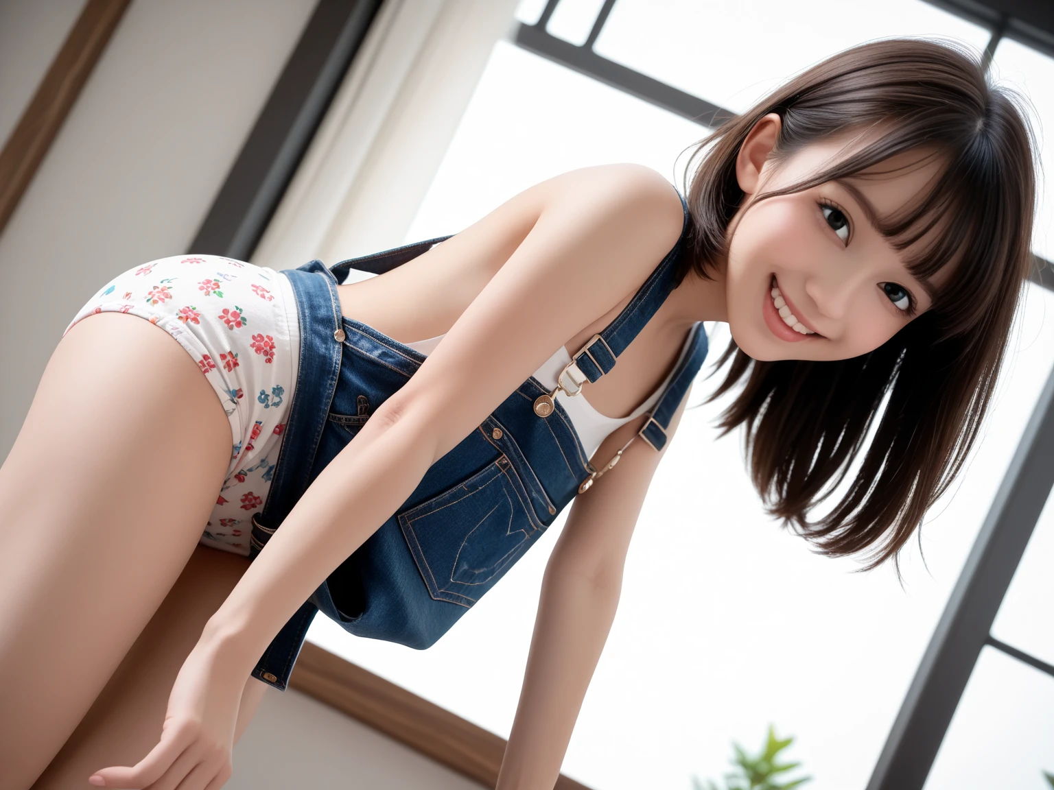 14years、Wide Angle, 1girl in, Parted lips, Laughing、blush, makeup, lightsmile, provoking, ass pov, From below, Sitting, , Indoor, crass room, School bag, llight rays, Glow, thighs thighs thighs thighs, clavicle, (masutepiece), Wallpaper,