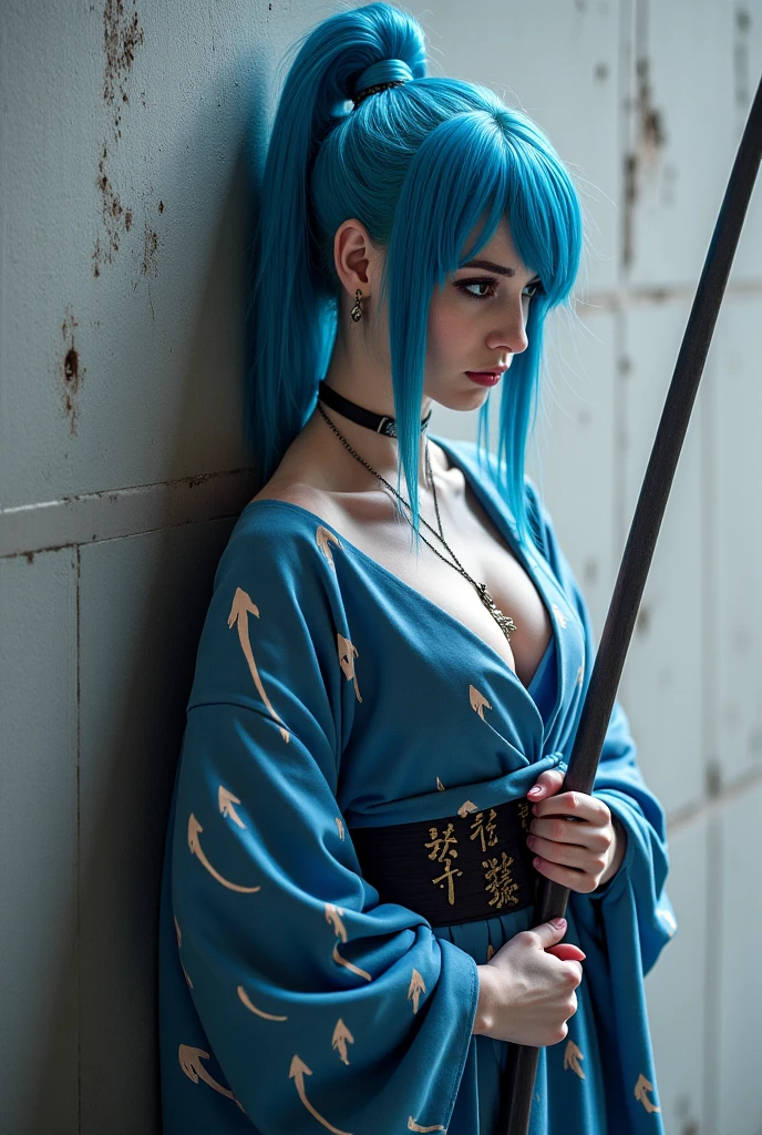 arafed woman in a costume holding a sword and a sword, she is holding a katana sword, very beautiful cyberpunk samurai, female samurai, wearing kimono armor, ornate korean polearm behind her, she is holding a sword, holding a sword on her shoulder, wearing kimono armour, dressed in samurai armour, portrait shot, samurai outfit, ornate cosplay, sexy look, big breast, sexy pose, show breast, light blue hair