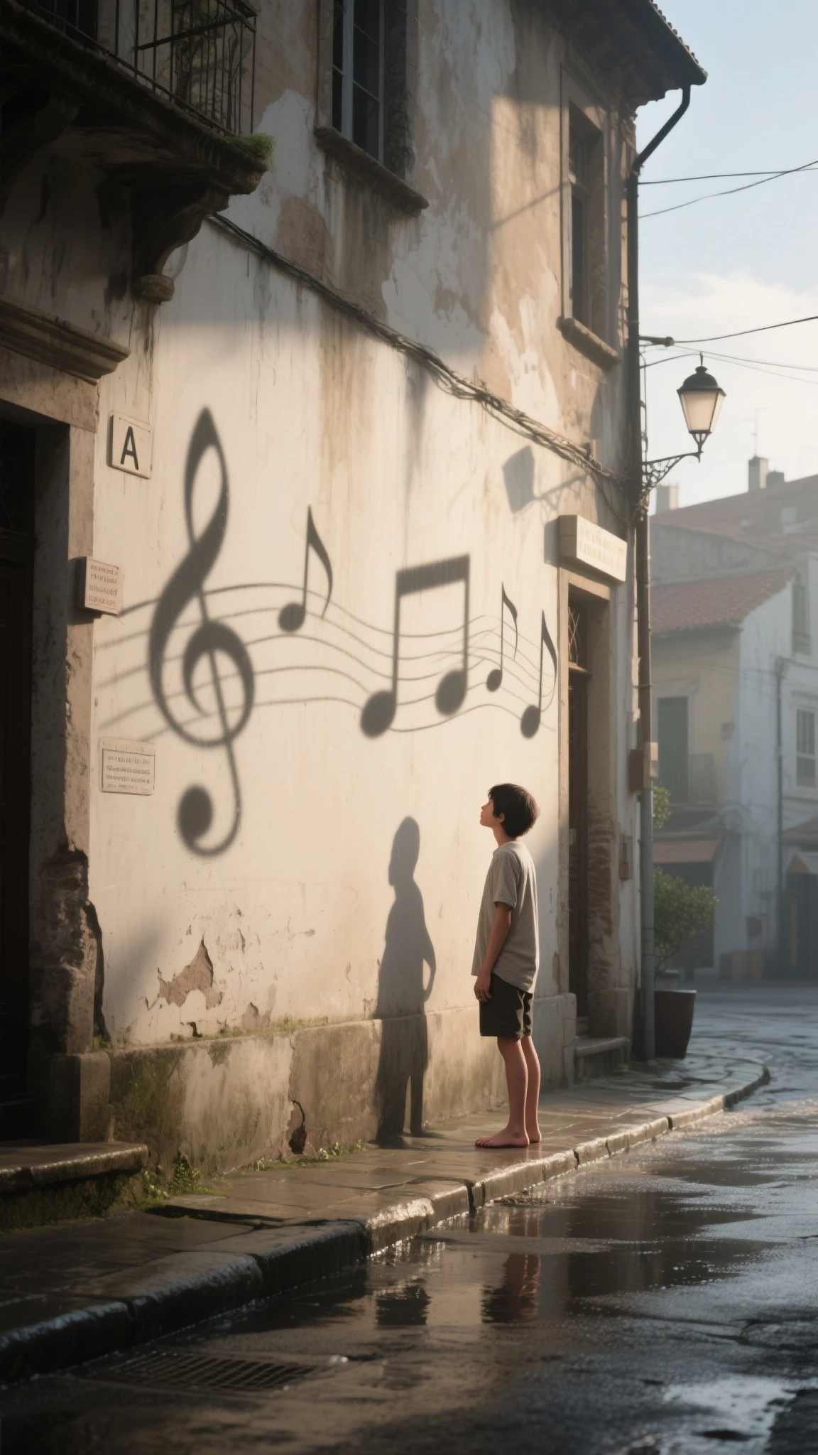 "A silent town bathed in soft morning light. On the wall of an old building, faint shadows of musical notes are cast—yet nothing in the scene could have made them. No instruments, no signs, just the ghostly silhouette of sound. A barefoot  stands nearby, gazing at the wall with quiet wonder. The street is empty, wet from recent rain, and the air is still. The scene is photorealistic, emotionally resonant, and surreal. Viewers feel the presence of music through its absence—seen only in impossible shadows."

