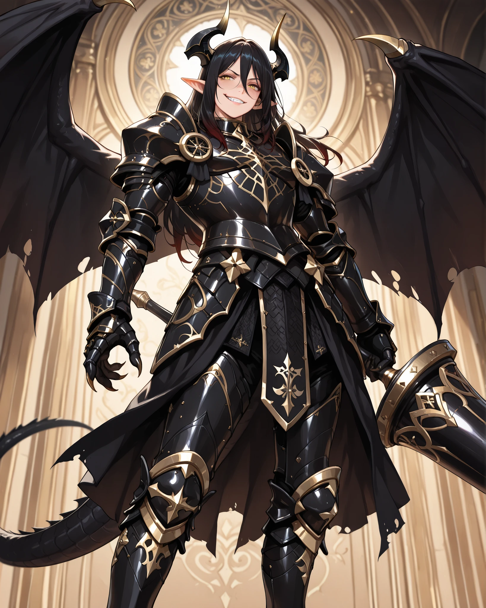 (masterpiece, best quality: 1. 5), highres, 8K, CG, (((Anime))), (1 male), lean body, (masculine), (floating in the air), weredragon, japanese anime style, glossy black, shiny black leather, ((beautiful golden eyes, finely detailed eyes, bright eyes, vertical iris)), hair between eyes, long hair, sideburns, wild hair, (sly grin, smirk, evil smile), teeth, confident, black hair, (ultra detailed face), shiny skin, long pointy ears, twisted torso, long-legged, sculpted face, wasp waist, dragon’s horn, dragon’s tail, dragon’s wings, dragon’s sharp claws, ((black armor with a lot of grandiose decorations)), half dragon half human, dramatic angle, dynamic posture, (giant lance weapon on hand ready to strike), ultra detailed black armor, black armor with gold accent, all black outfit, whole body, emphasize face, focused expression, sharp focus, oblique angle, good-looking man, well-polished black armor, charismatic pose, (best illustration), cinematic, super detailed, dramatic lighting, ((intricate detail, super detail, extreme detailed)), reflection, pearly luster, (highly detailed artwork), dramatic shadows, tenebrism, chiaroscuro, wonderful pose, chiseled features, stark contrast, heavy shadows, detailed black decorations, beautiful and aesthetic, photoreal, from below, (mysteriously crafted black metal armor: 1. 5), sparkling accessories, thick and luxuriant hair, ultra detailed fantasy black armor, dressed in black, broad shoulder, sharp eyes, true-to-life visuals, artistically refined, dramatic contrasts, ((extremely delicate and beautiful armor, elaborate armor details)), dark armor, exquisite goldwork, wonderful black armor, armor with intricate engravings, (armor-type boots), ((detailed shoulder armor with intricate engravings, gold accent black armor)), (128K Ultra High Resolution), very gorgeous and dazzling, dark fantasy black knight, slim waistlines, wide chested, sinewy body, splendid scenery background, (((Hyper Detailed & Perfectly Designed Black Armor)))