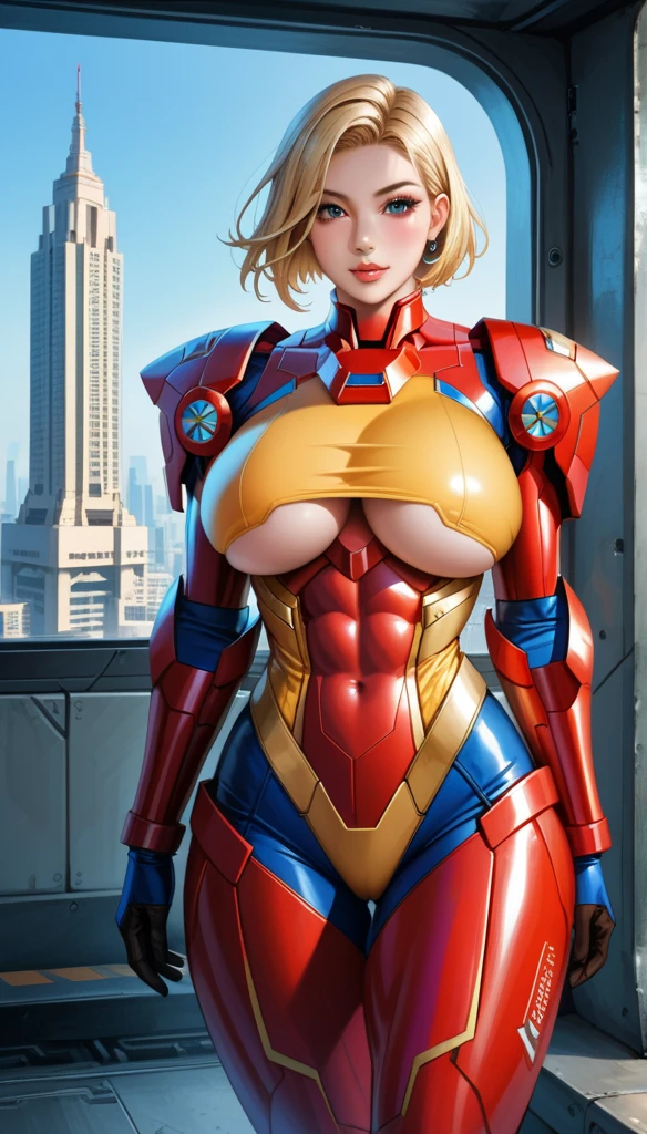 power girl, short pixie haircut, shaved on one side, super large breasts. pose sensual, relaxed, flying above the city, bright blue eyes, full big lips. thick thighs. wearing a mechanized power suit, very complex 