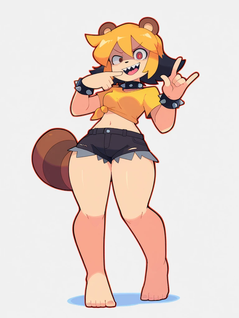 Yellow hair, Yellowish orange fur, green hoodie, brown pants, female, neco arc, cat, wide hips, hourglass figure, cameltoe, small breasts, nipple outlines, bare hips, fly down