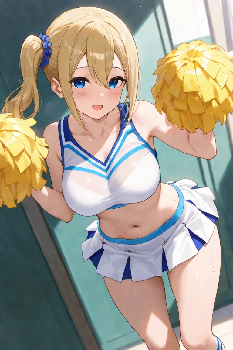 (masterpiece:1.3, highest quality, Ultra-high resolution, Super detailed), (Realistic, photoRealistic:1.4), Beautiful illustrations, Perfect lighting, Natural light, colorful, Depth of written boundary, Surrealism, Browsing Caution,
Beautiful detailed hair, Beautifully detailed face, Beautiful fine details, Beautiful clavicle, Beautiful body, Beautiful breasts, Beautiful thighs, Beautiful feet, Beautiful fingers,
View your viewers, Cowboy Shot, 1 girl, Japanese, high school girl, Perfect Face, (Perfect Anatomy, Anatomically correct), Cute and symmetrical face, Shiny Hair,
(short hair, Short Side Ponytail, Ash Blonde Hair), Crossed bangs, blue eyes, Big beautiful eyes, Long Eyelashes, (Medium chest), thin, skinny, Sunburn, Shiny skin, Glowing Skin, Oily skin,
((Cheerleader, blue Cheerleader uniform)),
(Beautiful views), Audience seats, Arena, Drooling, (Sexy pose, Dynamic pose), (Cute smile, Open your mouth. Sweaty:1.7), ((Love Juice:1.3)),