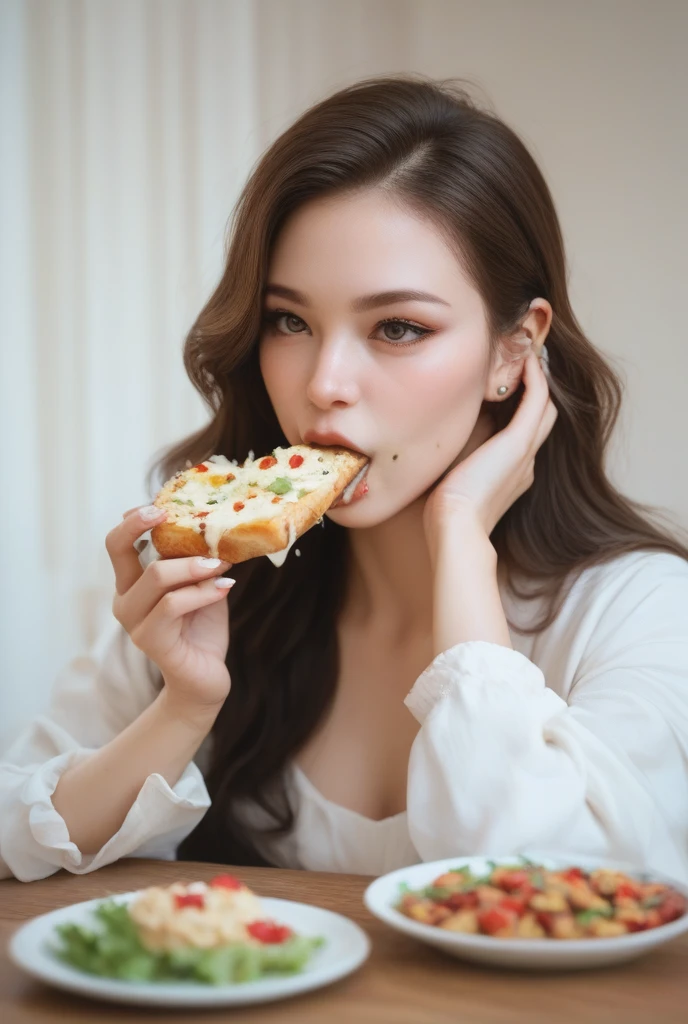 Masterpiece, Best quality, 2girl eat a pizza, feed each other, Cheese stretching from her mouth., margarita, 🍕, Cheese Stretch, a slice of pizza, one hand grabbing,  coca-cola on table,