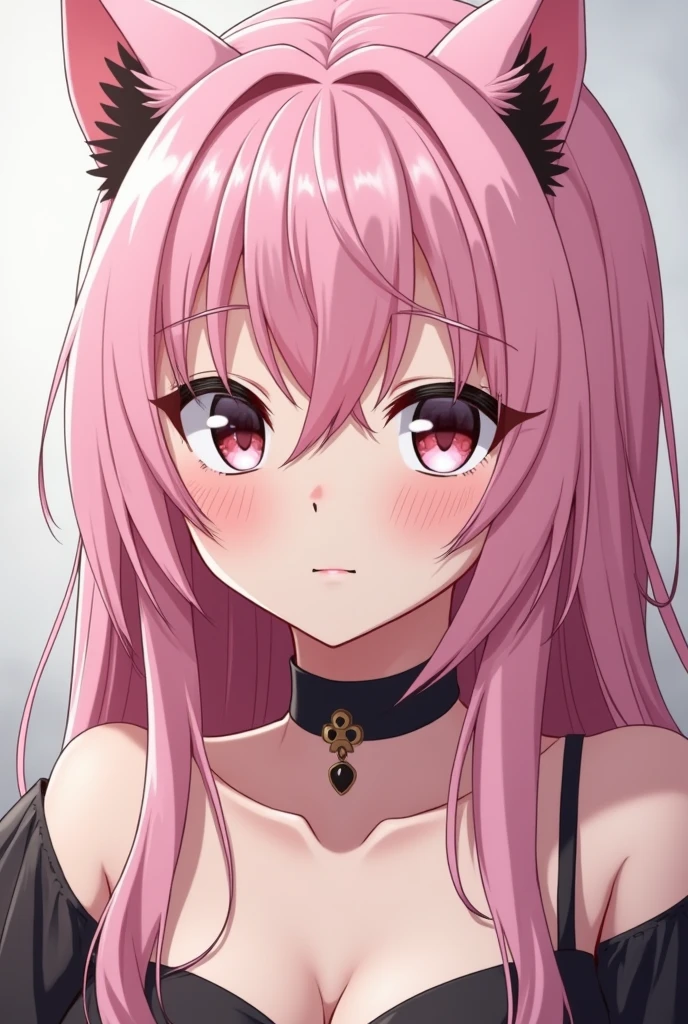 shiny skin, 1girl, ponytail hairstyle, parted lips, black skirt, ((purple eyes, beautiful detailed eyes, (cat pulils)), blush, breasts, shirt, small breasts, solo, looking at viewer, pink hair, long pink hair, white shirt, closed mouth, long sleeves, long hair, collarbone, kemonomimi, cat ears, pink cat ears, cat choker, black cat choker, bangs, paw pose, 