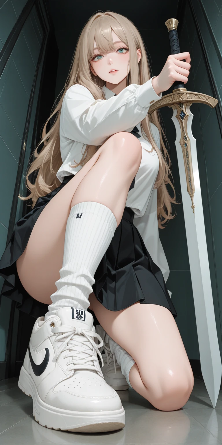 1girl, (Angle from below)、((On the balcony)), The girl bends forward to show off her breasts、legs apart, (Blonde), (Tanned shiny black skin:1.4)、Glowing Eyes, ((evil grin)), ( girl), Multicolored Hair、Cap, pink rip, ((((Long sleeveless shirt)), Black Bra、Sheer miniskirt、((Panties with horizontal stripes)), (small breasts), (jewelry))), (close up breast:1.4), ((I'm wearing sneakers)),