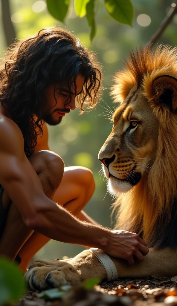A Lion king with blood on his body sitting with his cub and lighting in background in a dark sky and shadow of lion and cub is dangerous