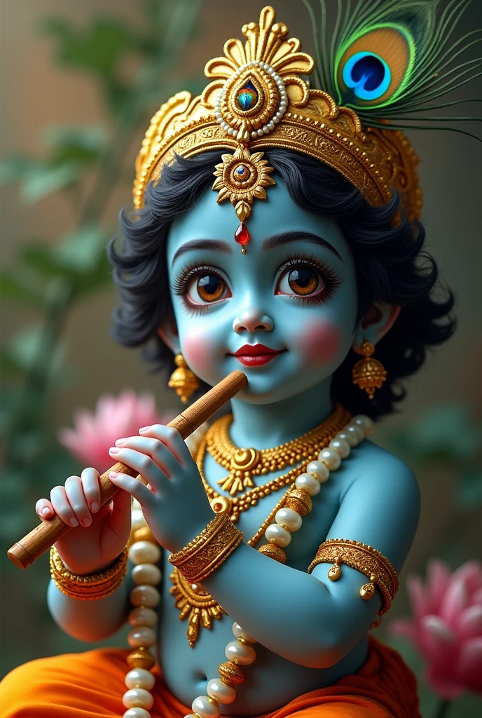 Baby krishna ,blue body colour,black eyes,small ear,wearing cloths under the waist,flute on one hand,feather of pecock on the head,garland on the neck,sitting on the floor with red ,white,blue,golden flowers, eating curd with hand,some curd on the mouth nad floor ,beautiful lady siting near krishna