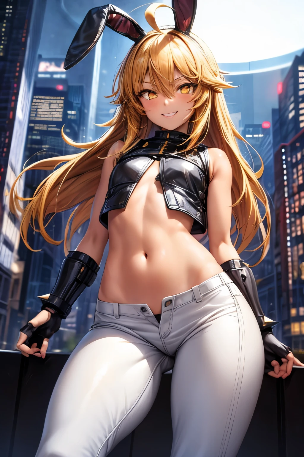 adult girl, long blonde hair, high ponytail, purple eyes, cat ears, smirk, scars, tattoo, red leather jacket, open belly, jeans shorts, cat tail, crystal claws, Masterpiece, best quality, Full HD, 8k, ultra details, great graphic