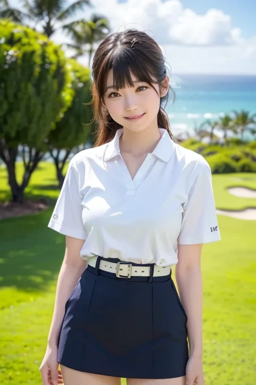 ((Best of the highest quality, 8k, Masterpiece, raw photo: 1.3)), Sharp focus: 1.2, (1 AESPA, slim body type female, 21 y/o: 1.1), (Solo: 1.36), (realistic, photo-realistic:1.37), face focus, cute face, finely eyes, side lighting, using reflectors, (small breasts, flat chest, Thigh: 1.2), (short messy hair, bangs, updo: 1.2), (sleeveless polo shirt, panties: 1.28), walking beach, (guam, ypao beach, Palmae: 1.1), sun light,