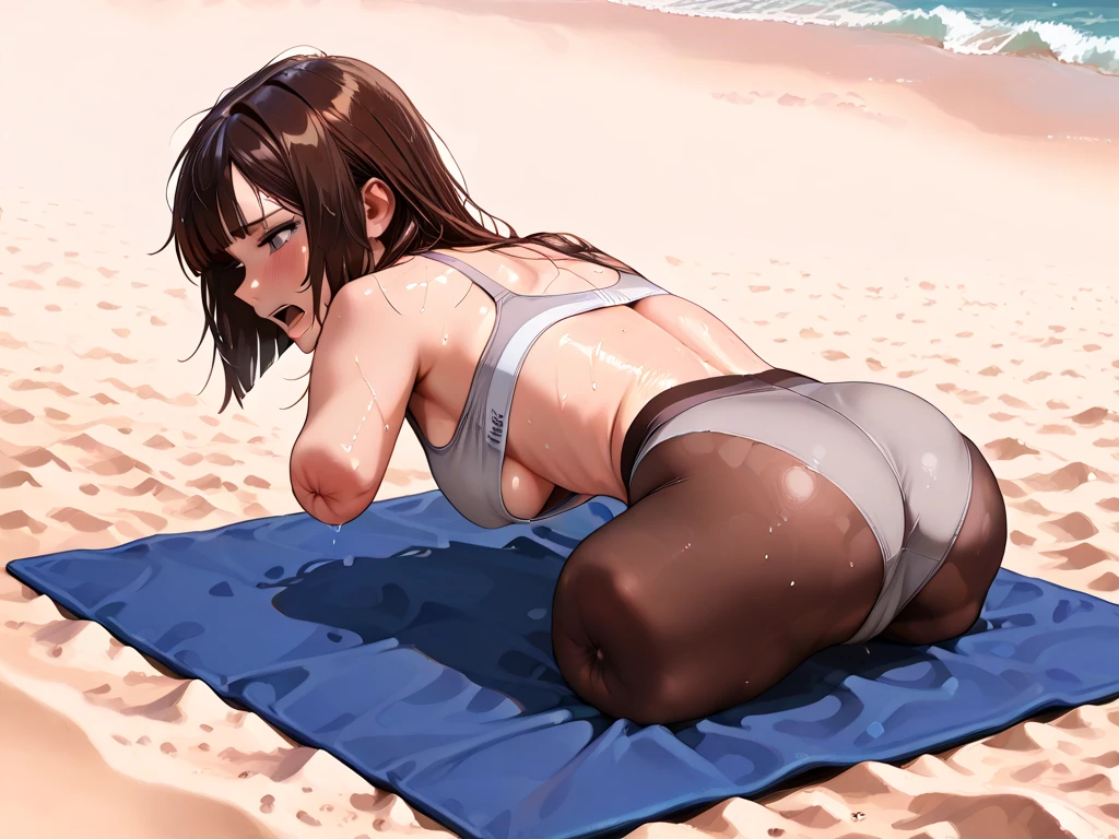 ((Top quality)), ((Masterpiece)), ((Details)), Perfect face, perfect body, sitting on the beach, listening to music, wearing headphones, wearing swimsuit, swimsuit is transparent, sitting with legs apart, A woman wearing tight clothing that exposes her buttocks and breasts, with her face visible.