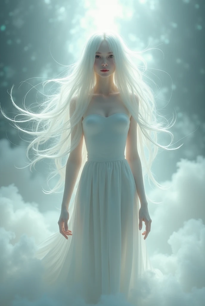 A very beautiful woman with very long hair made of water、Walking on an infinite white plane, Wearing a long dress that blends with the water