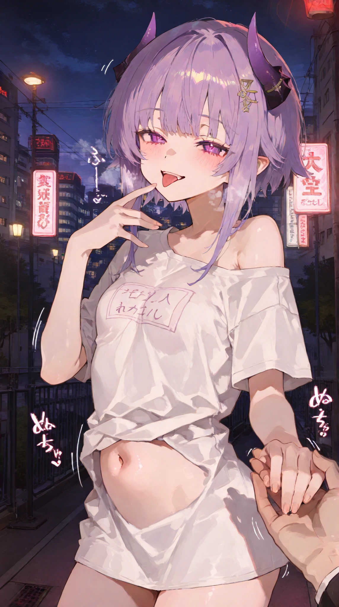 ((topless)), curren chan \(umamusume\), anime girl with long white hair and purple eyes posing in a hallway, restaurant door, night, sidewalk, lamp post, outdoors, seductive anime girl, small curvy , perfect white haired girl, attractive anime girl, beautiful anime girl, cute anime girl, girl with white hair, smooth anime cg art, pretty anime girl, anime style 4 k, anime best girl, anime girl, 4k anime wallpaper, denim shorts, small breasts, masterpiece, necklace, smiling, navel, hands up, short hair, horse ear, horse tail, nipples, stomach, smartphone, erect nipples, people in background, flat chests