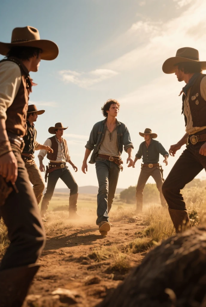  5 cowboy men working on a horse farm some shirtless and another wearing a striped shirt and a handsome young