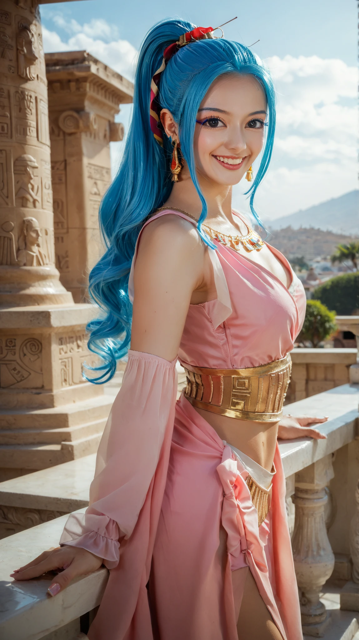 masterpiece, best quality, 4k, high quality, nefertari_vivi, 1girl, solo, blue hair, long hair, black eyes, earrings, jewelry, pink dress, ponytail, smile, Egypt pyramids background, Asian, beautiful (25 years old), cosplay, Korean style, toned body, high detail