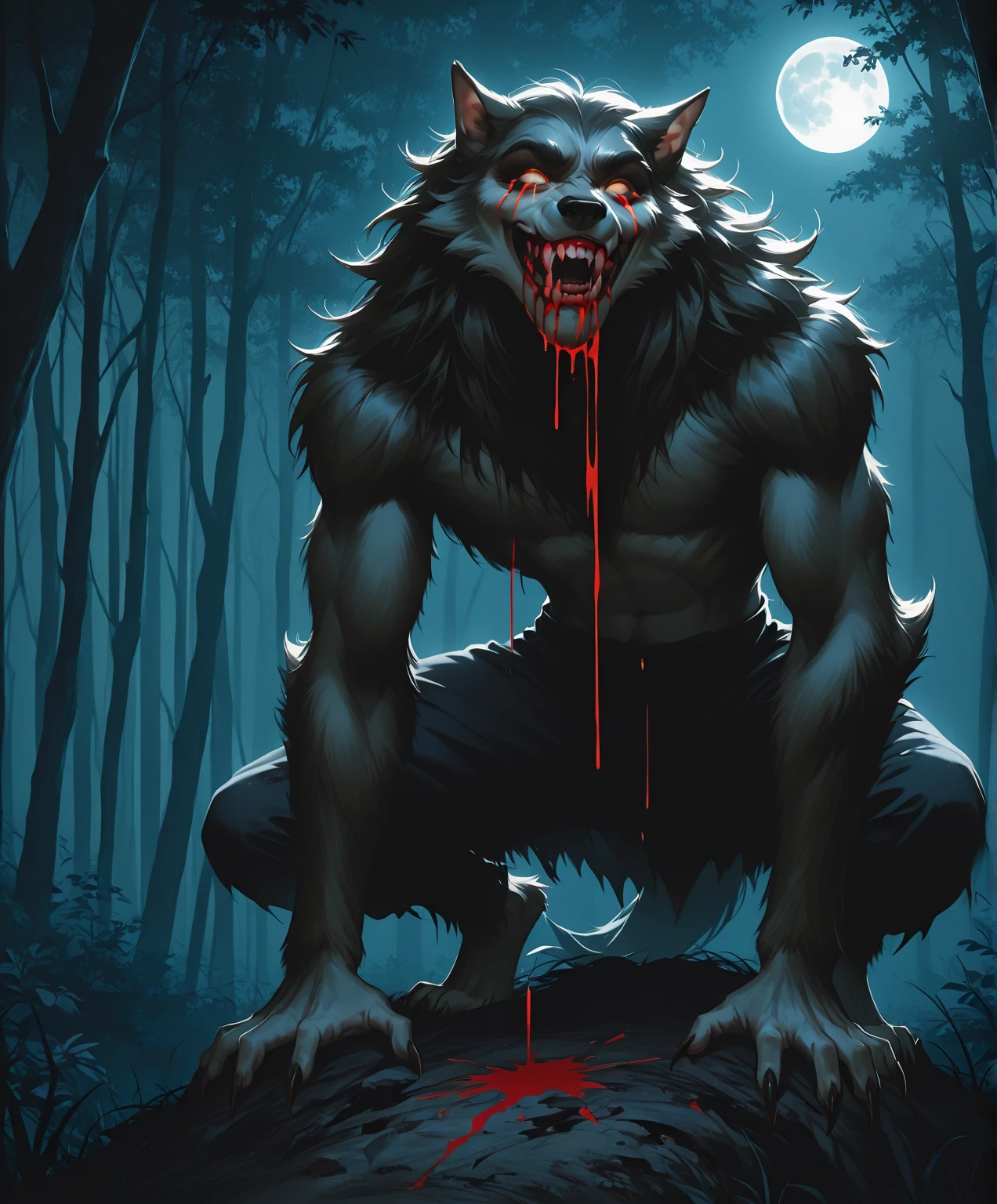 Death wolf looking at the viewer with a lot of hatred in his bright and dark red eyes full body covered in blood scary threatening smile sharp teeth covered in blood car very bizarre and disturbing at the same time a weird background of a cemetery covered in blood ultra realistic digital art in 3D full HD super high resolution