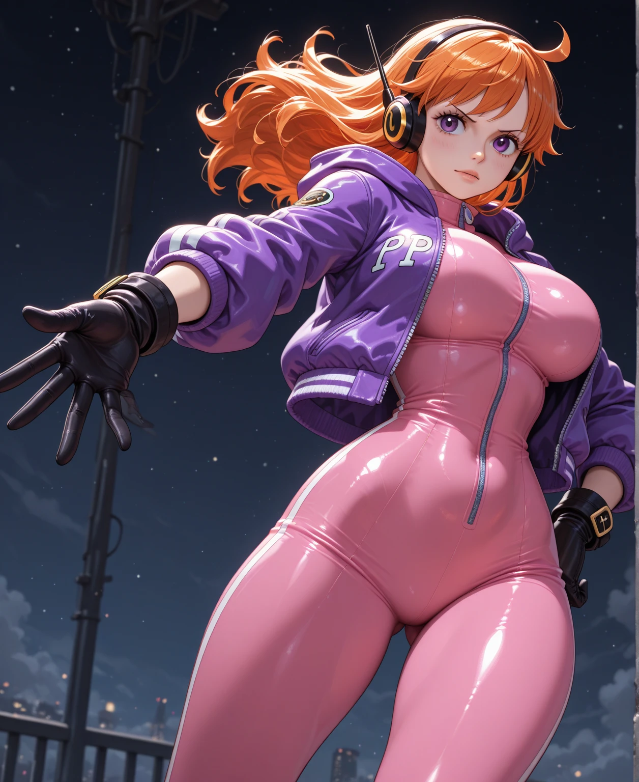 (hews art style:0.7), (hero neisan art style:0.7), score_9, score_8_up, score_7_up, score_6_up, Iris Midgar, red hair, long hair, braid, red eyes, BREAK (masterpiece:1.2), best quality, high resolution, (detailed eyes:1.3), perfect lighting, (perfect hands, perfect anatomy), large breasts, 1girl, breasts, tongue out, tongue, solo, hood, navel, squatting, piercing, large breasts, navel piercing, looking at viewer, pink panties, spider web print, panties, abs, underwear, smile, armpits, gloves, toned, full body, adapted costume, v-sign, blush, white footwear, white hood, tiptoes, jacket, spread legs, bokeh, city, street, shimmering light effect, glow effect,