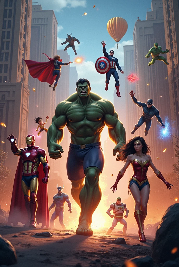 Create movie art with Thanos, o Hulk e o Nautilus de league of legends, the three with superhero poses and the Joker behind manipulating them