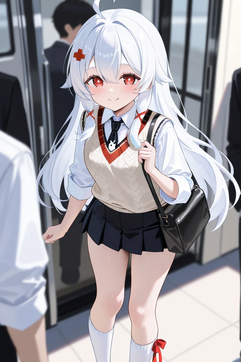 (Masterpiece) (Anime Girl) (Detailed) She has a Pale And Flawless Skin, She has a Long Gray Hair and a Yellow Eyes, For her outfit she wear a School Uniform which a White Shirt, Red Tie, School Vest and a Black Short Skirt, She also wear a Scientist cloak and a Glasses