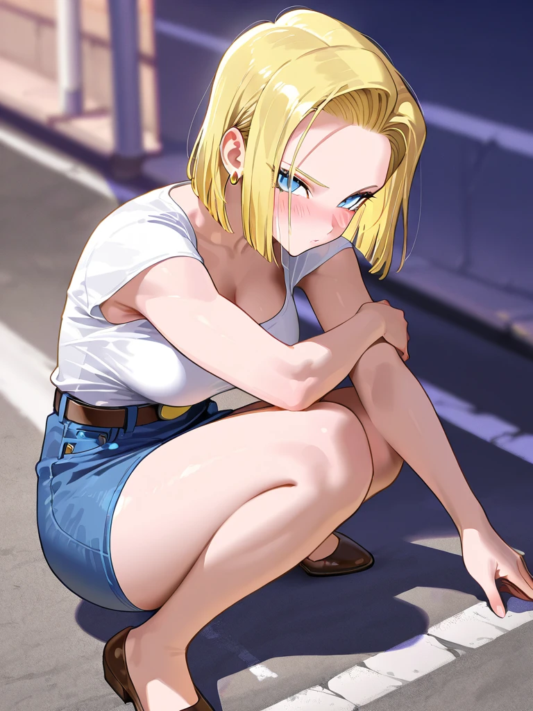 (best quality), (high quality),(masterpiece), (detailed), (high resolution), (Detailed face), (Android 18),  Classic look, One girl, alone, View your viewers, short hair, blue eyes, Blonde, clavicle, Bare shoulders, Hoop Earrings, Black Shirt, belt, Denim skirt, (Ultra mini skirt), brown boot, Cleavage, (medium breastst), ((Exposed breasts)), squatting, ((red horizontal stripes panties)), (show off panties), Cowboy Shot, full body, cigarette, City 