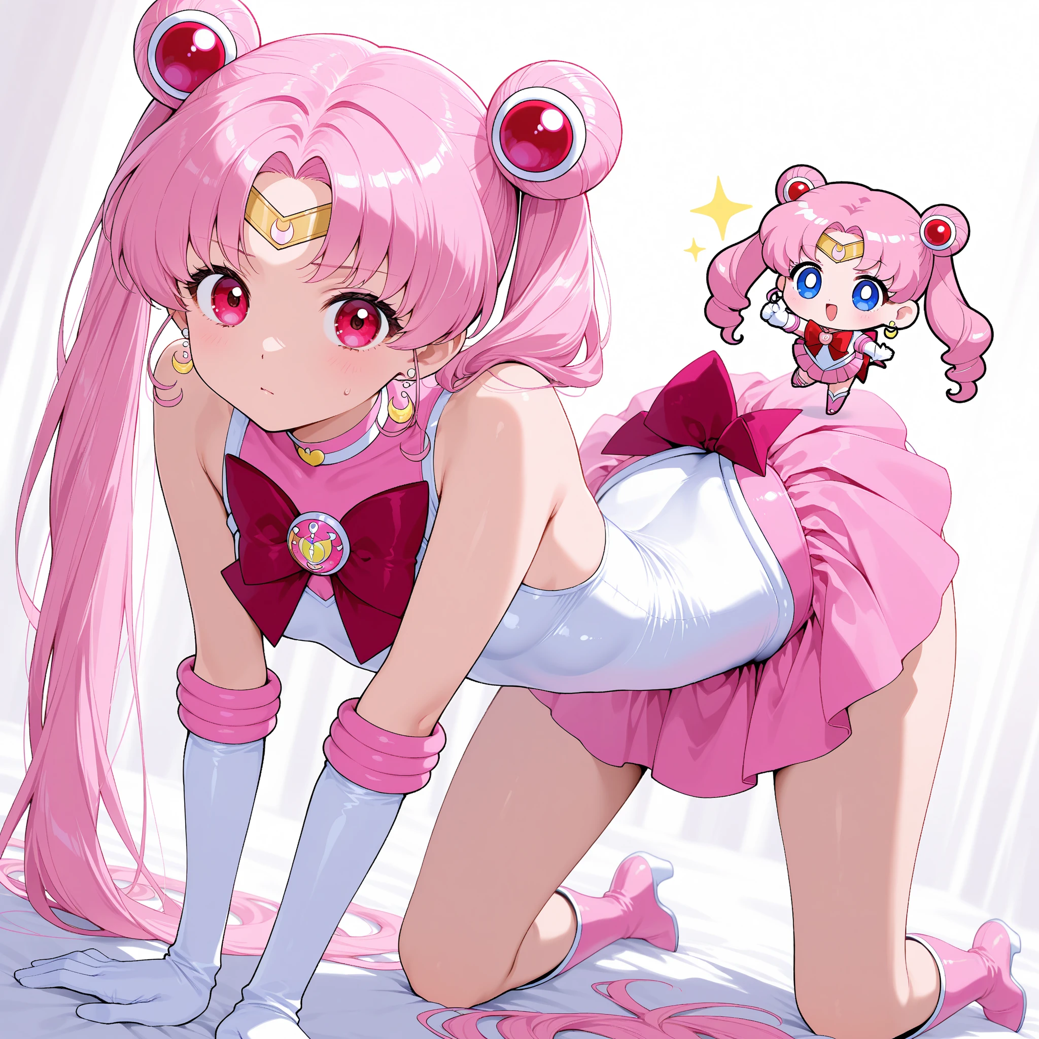 obra maestra, Mejor calidad, absurdos, perfect anatomy, 1 chica, Solo, SMMoon, 1990s \(Estilo\), sailor chibi moon cabello rosado, pupilas rosadas ojos, Uniforme Marinero Senshi, magical girl, ojos rosados, falda rosa, Guantes hasta el codo, tiara, falda plisada, Lazo para el cabello, cabello rosado, dos colas, Collar marinero rosa, mini falda, gargantilla, Arco rojo, Pink gargantilla, guantes blancos, joyas, aretesculo con micro tanga, muy sexy , buen culo. (Tumbado en el suelo en postura de espalda) (culo arriba)