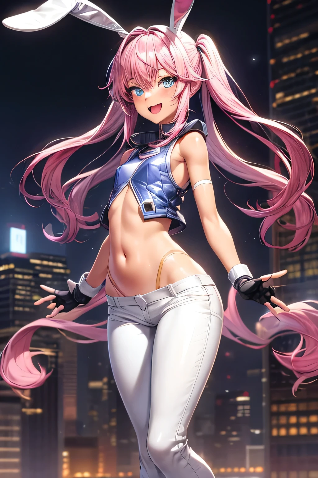 big lips, pink hair, pink eyes, japanese face, gyaru, huge breasts, wide hips, sexy, pink theme, kawaii, detailed,  decora, bangs, grin, gyaru outfit, kawaii,  pink and black outfit,, horns, cute succubus, small succubus wings, winking, eye wink, , twin tails,  winky face, , nicole demara, cityscpe, city scape, city background, nicole zzz, zenless zone zero, from below, perfect angle, HD quality, 8k