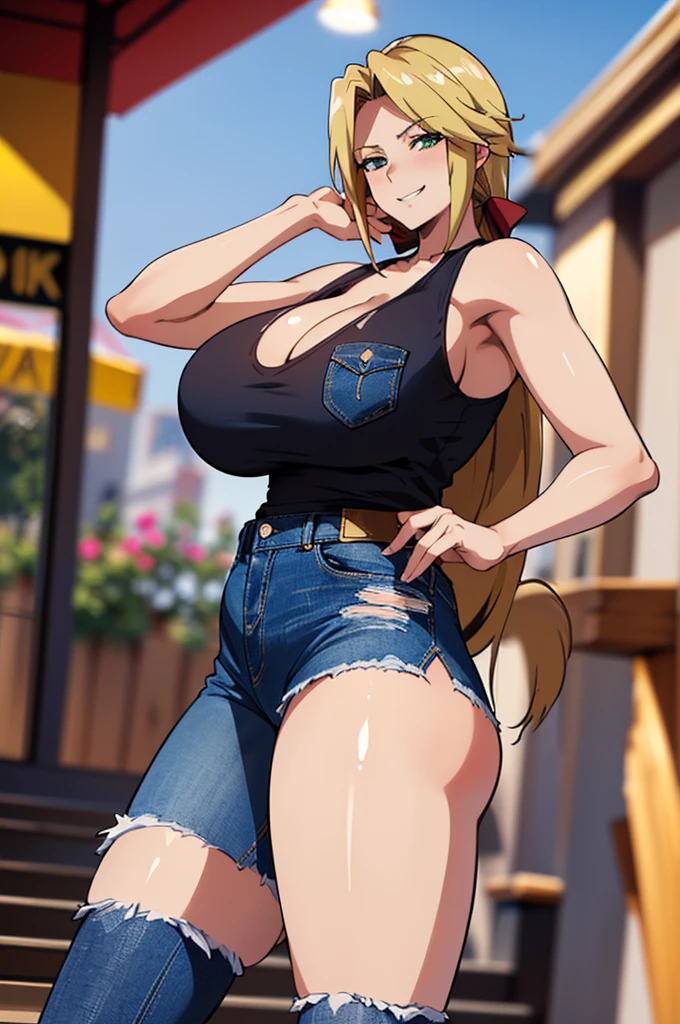 (masterpiece:1.3), (Best Quality:1.3), (ultra-detailed:1.3), anime style, (Sharp Focus:1.2), (From front), 1girl, solo, (Beautiful Women in Perfect Figure: 1.4), The most detailed skin, (thick lines:1.2), (Beautiful Face Idol: 1.3), Camisole top (with thin straps and lace adornment), Denim shorts with a scarf tied as a belt, White lace socks, Ballet flats, //, large breasts, (Perfect Body Beauty:1.4), (Buttocks:1.2), Perfect eyes, Perfect iris, //, (sexual expression), smile, blush, //, Wavy long hair style, gorgeous brunette, (beautiful eyes), white-skinned, //, Shopping street with shops and cafes on both sides, pedestrians passing