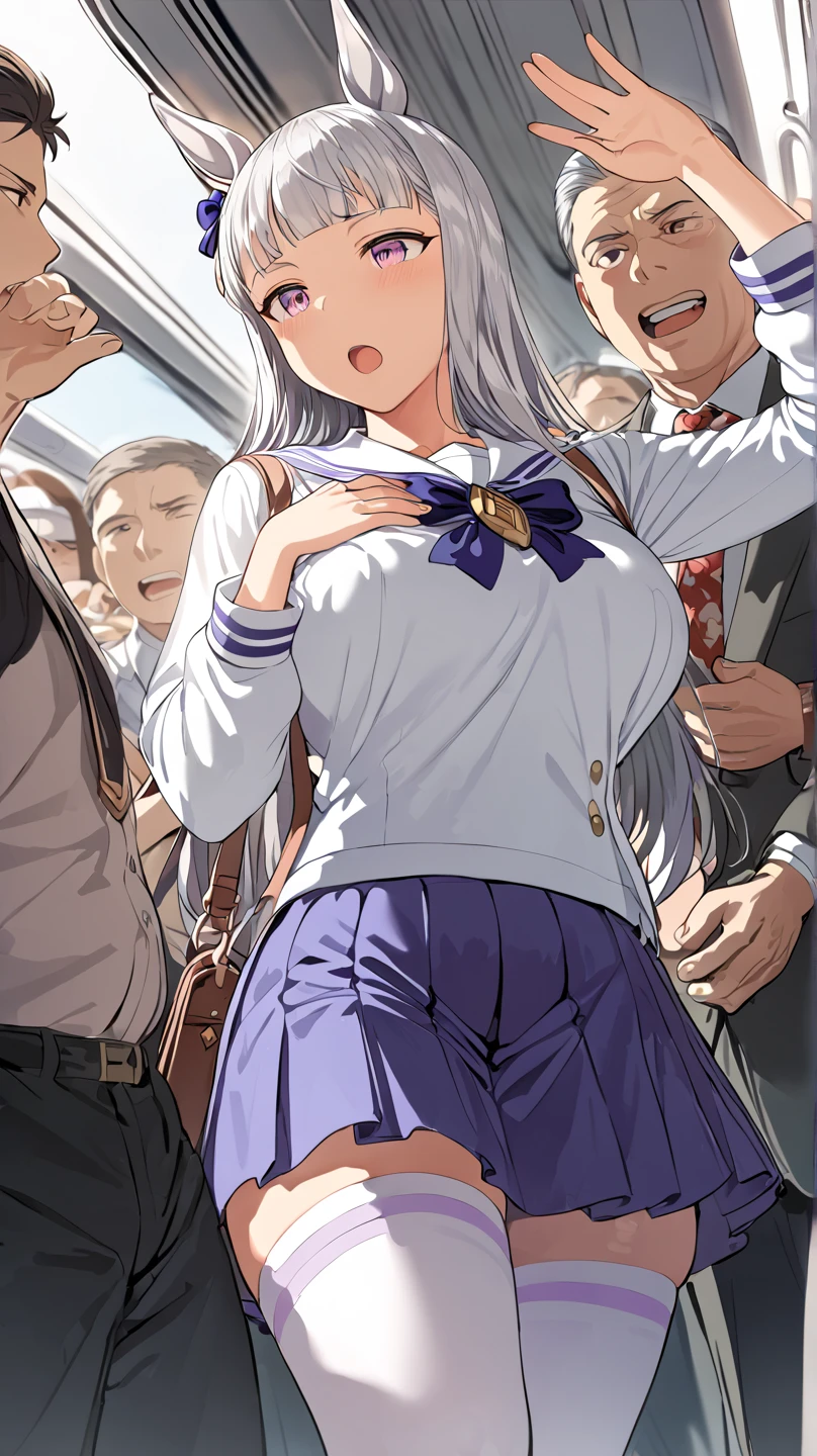 (SFW), ((photorealistic)), (masterpiece), (best quality:1.3), absurdness, [:intricate details1.3], SFW, realistic, masterpiece, (VERY crowded subway train interior detailed scenario, VERY crowded subway train interior detailed background), standing insanely hot (young woman 1) (((both arms up reaching a high handle))), using sexy ((skirt)), ((behind skirt lifted)), ((3/4 white stockings)), ((big ass)), (((ass bent over))), ((thick thighs)), (fear expression), (blushed face), (perfect body proportions)), old small man ass groping woman 1 from behind, (((old small man, ((pleasure expression, open mouth)), pressing his chest on young woman 1 back))) and (((holding her waist behind her)))
