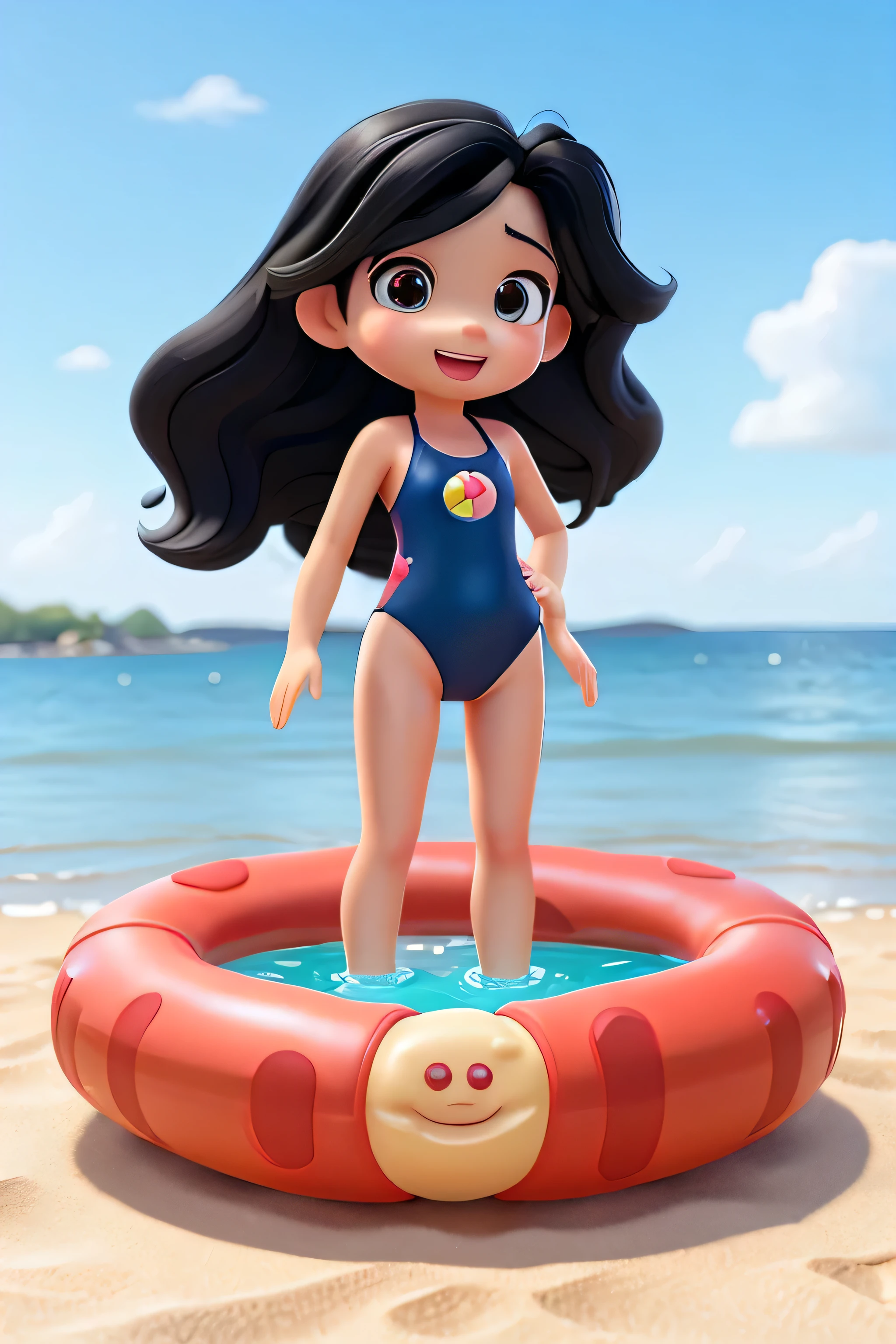 a 10-year-old girl with white swimming goggles and long dark brown hair, has brown eyes, wears a dark blue bikini swimming lessons