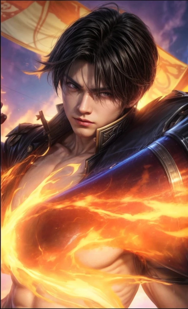 ((1 male, korean, double eyelids, sexy, topless, no neck decoration, super handsome, muscular, undercut hair, big pecs)), The ancient Devil of Love Affairs, He is a fallen angel, entices with his enigmatic and sensuous presence. Cloaked in shadows, he emanates irresistible magnetism. With piercing eyes and a mischievous smile, he holds the white power to seduce and unravel inhibitions. With an unearthly grace, he weaves a tapestry of longing and surrender, igniting white flames of passion with a touch. The Devil of Love Affairs is a maestro of illicit love, a dangerous enchanter who entwines lives in the mystical and erotic.