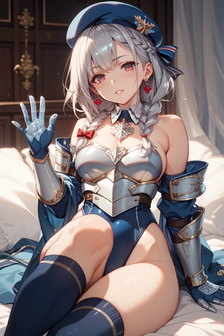 (masterpiece:1.2), (highest quality:1.2), perfect eyes, perfect face, perfect lighting, middle ages, room, 1 boy,blonde aqua eye, ((((((hair over one eye,)))))), Braidスタイル, spike hair, dull bangs, bob hair, Braid, Ahoge, robe ((((Transparent white bikini armor)))), Thighhighs, skirt, cute eyes, Medium chest, bright, ((From above)), open your mouth, vivid description,orgasm, I was scared, (abs:0.6) Ahegao, smile+Happy, tooth, anger, sitting,From the side, creining,apart_legs