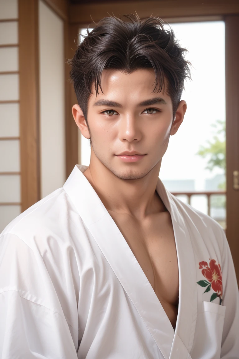 (fotorrealista: 1.2, Maximum quality, 8k, molhado: 1.3), (homem, hands on chest), Fisiculturista loira ucraniana de 20 anos, ator, yukata with cherry blossom pattern, roupa interior preta, (suor: 1.2, molhado: 1.2), Pele fina, (film lighting, hair on the chest, arm hair), luz suave, Palpebras duplas, (sedutor), (((excitado))