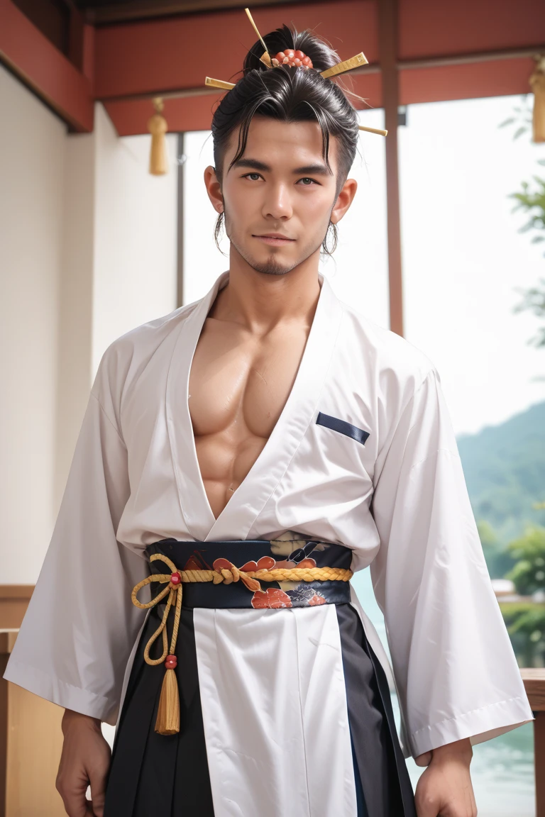 handsome japanese young man, wearing samurai helmet, bare chest, wearing traditional japanese fundoshi, standing in front of japanese castle, cherry blossom trees, clear sky, surrounded by samurai warriors