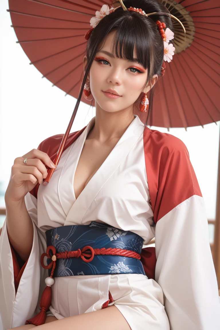((master piece))、((super detailed))、((beautiful girl))、(best quality)、(Cherry tree in full bloom)、(looking at the viewer)、(glamorous body)、(realistic black hair)、reflex hair、pout a little、beautiful and fine eyes、(red kimono、open shoulder、open nipples)