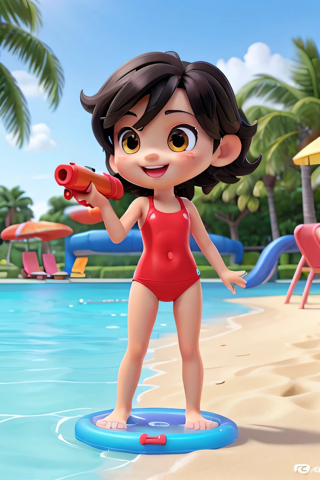 (Highest quality、masterpiece、8K))、Anatomically correct、Very detailed、High resolution、Realistic、(((Three Tom Cats)))、(((Playing on a rubber boat)))、((Beautiful, bright, almond-shaped, detailed eyes))、Intricate details、Cinematic lighting、((Sho(Midsummer pool party venue))、((Dynamic composition))、Party、((Very Short Hair))、cracker、dynamic、Dance、((Party Sunglasses))