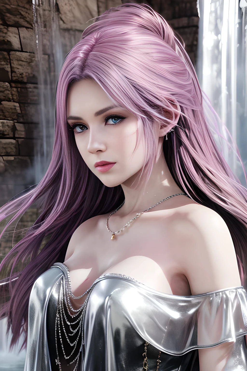 A angry mommy with long light pink soft purple hair, perfect big booba , good quality, detailed beauty face