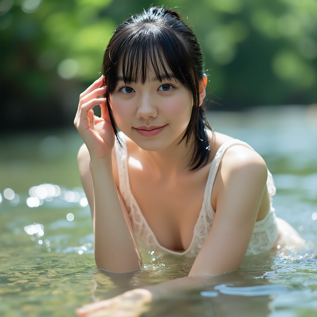 A girl wearing a white dress is bathing in the river, getting wet, having fun, no make-up, rural scenery, sunset,smile、smile