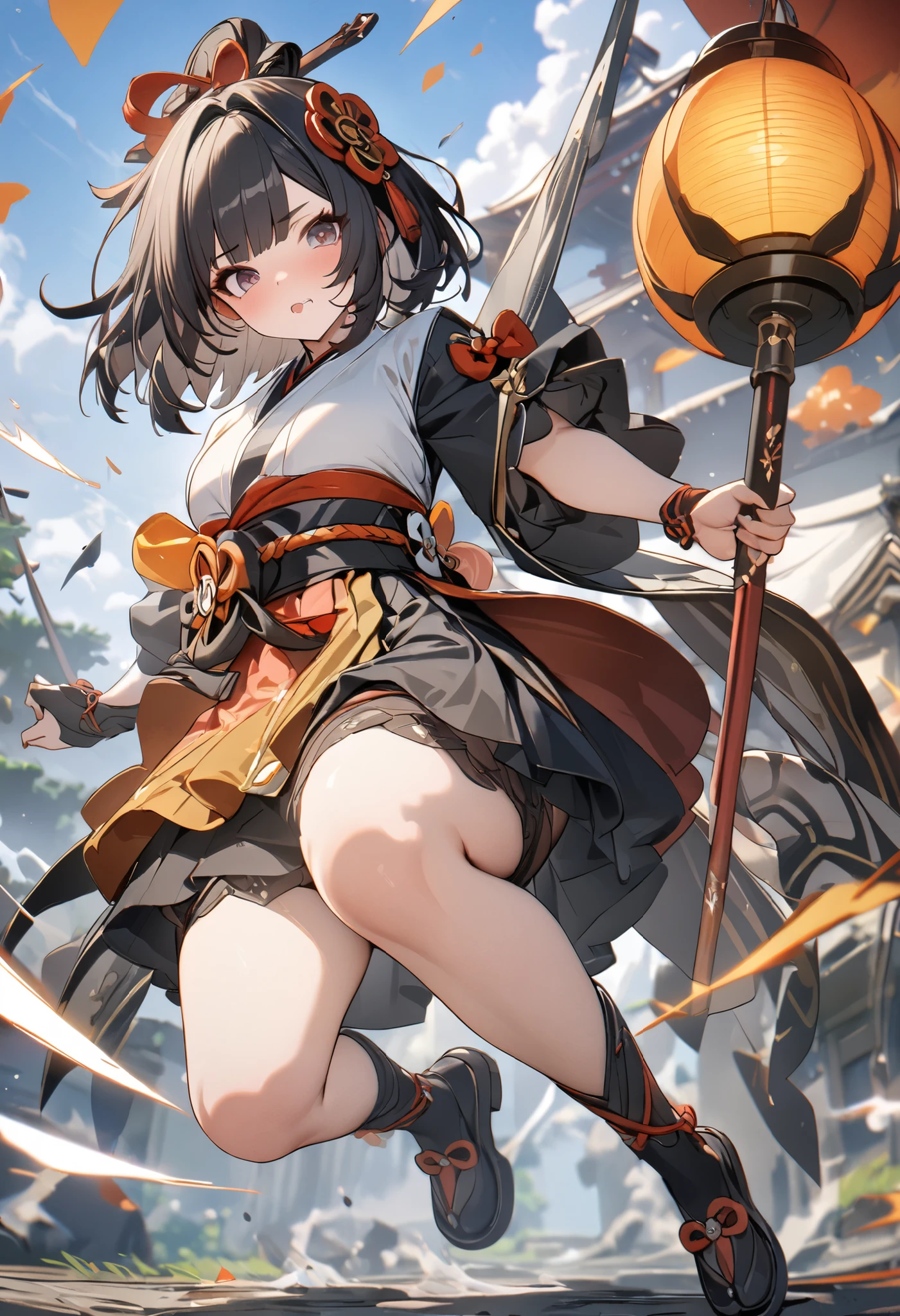 High-quality fantasy photos、A beautiful servant sways frailly on the spikes of an iron ball connected to a chain.、She is blowing away and fighting evil monsters、abstract art、Waifu Anime Style、critical attack、screaming face