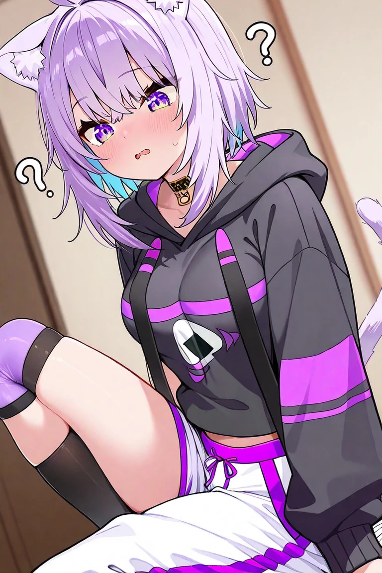 score_9, score_8_up, score_7_up, score_6_up, score_5_up, score_4_up, source_anime, (best quality, ultra detailed, absurdres, masterpiece:1.2), (ai-generated:0.6), color, (white outline:1.3), indoors, couch, on couch, sitting,  <lora:ThaNukiSDXL:1> <lora:selentatsukiPonyXL2:1>
BREAK
selen tatsuki, selen tatsuki \(3rd costume\), 1girl,  breasts, bangs, blue eyes, large breasts, hair ornament, long sleeves, jewelry, purple eyes, purple hair, hairclip, hood, necklace, cosplay, white hoodie,  hoodie, thigh strap, swept bangs, heterochromia, fangs, bandaid, hood up, bandaid on leg, chain necklace, animal hood, bottomless