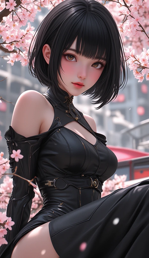 highest quality、Realistic、Night Sky、full moon、moonlight、cherry blossoms、Women、Japanese、zoom、look up、cute、Grey Eyes、Black Hair、Short Hair、Female ninja、Ninja、White underwear、背中にNinja刀、Face close-up、slender、Small breasts