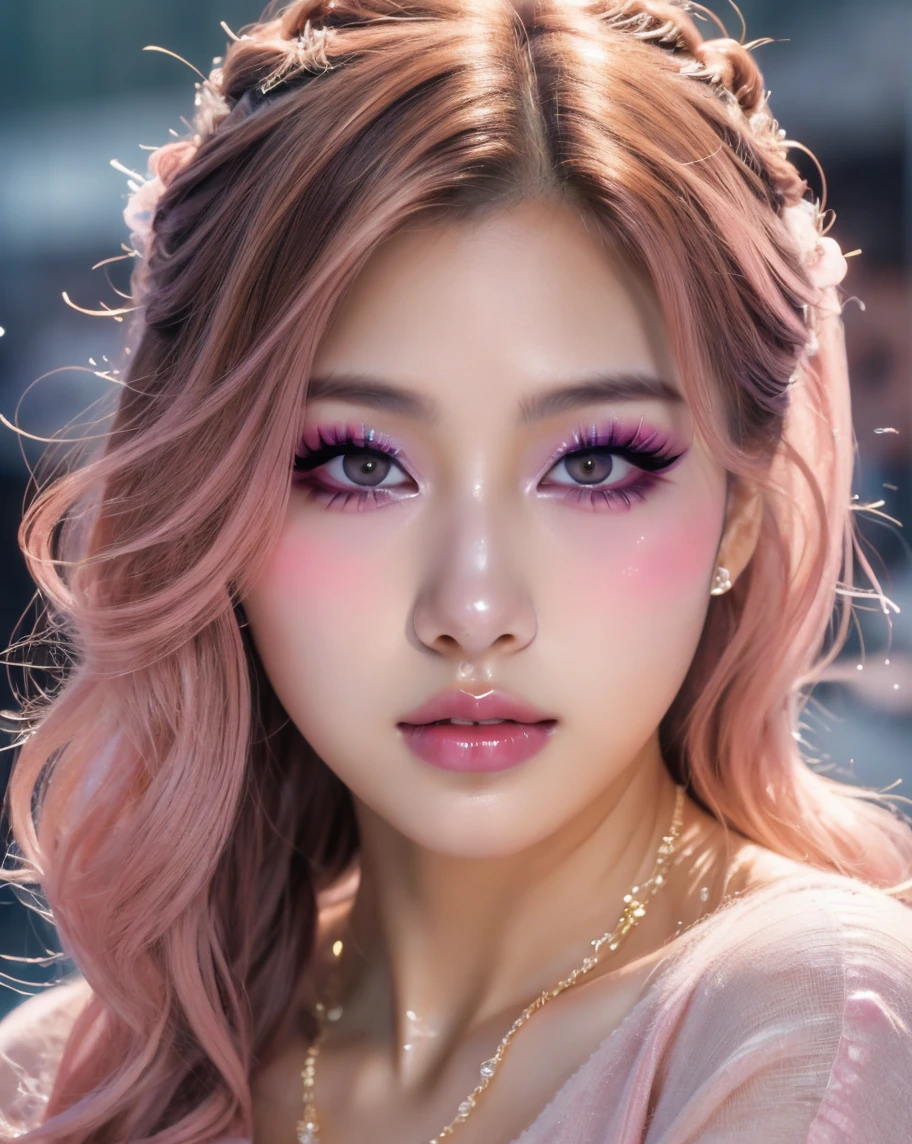 ultra realistic girl, smiling face, orange and pink ombre background, closeup, lip-gloss, long lashes, lipstick, defined eyebrows, ultra detailed metallic eye-makeup, halloween, goth, gyaru, purple flowing hair, garter belt, cute lack lace underwear, sweet and sexy, seductive pose