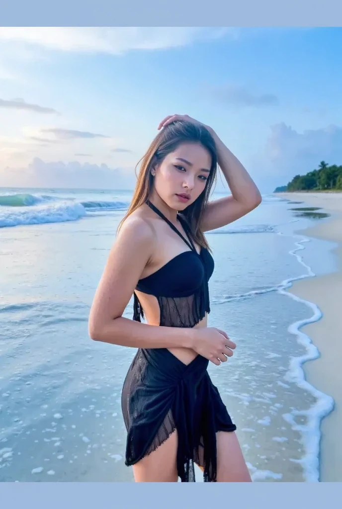 [[((young attractive Singaporean woman with strong Chinese Asian influence, a brown tanned complexion, long straight dark black hair, striking almond-shaped dark brown eyes, and a  frame:1.6)), ((Sophie Tan:1.5)), posing confidently on the beach at sunset in Phuket, Thailand, wearing ((a tight, vibrant bikini that hugs her  body in all the right places:1.4)). She is standing with her back to the camera, showcasing her perfectly toned buttocks. The background features a stunning sunset over the ocean with warm, golden hues. The scene is captured with a ((full-frame DSLR:1.4)) using a ((50mm prime lens:1.4)) to keep Sophie in sharp focus while the background is slightly blurred. Professional lighting enhances her natural features and adds a ((soft bokeh effect:1.3)) to the background. The image should be in ((8K resolution:1.5)) with ((hyper-realistic detail:1.6)). The focus is entirely on Sophie's athletic yet feminine form, her stylish bikini, and her confident sunset pose, capturing her essence perfectly on Phuket Beach.]]