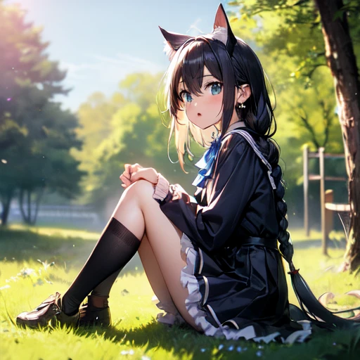 Anime girl sitting on a bench with cat and butterfly、Realistic Anime Cats、Realistic anime art style、Right eye close、Anime Cats、Beautiful anime cat girl、Realistic anime art style、Styles of anime realism、Cat Girl in Anime、Very beautiful anime cat girl、realistic anime 3 d style、Very beautiful cute cat girl、Cute anime cat girl、style of anime