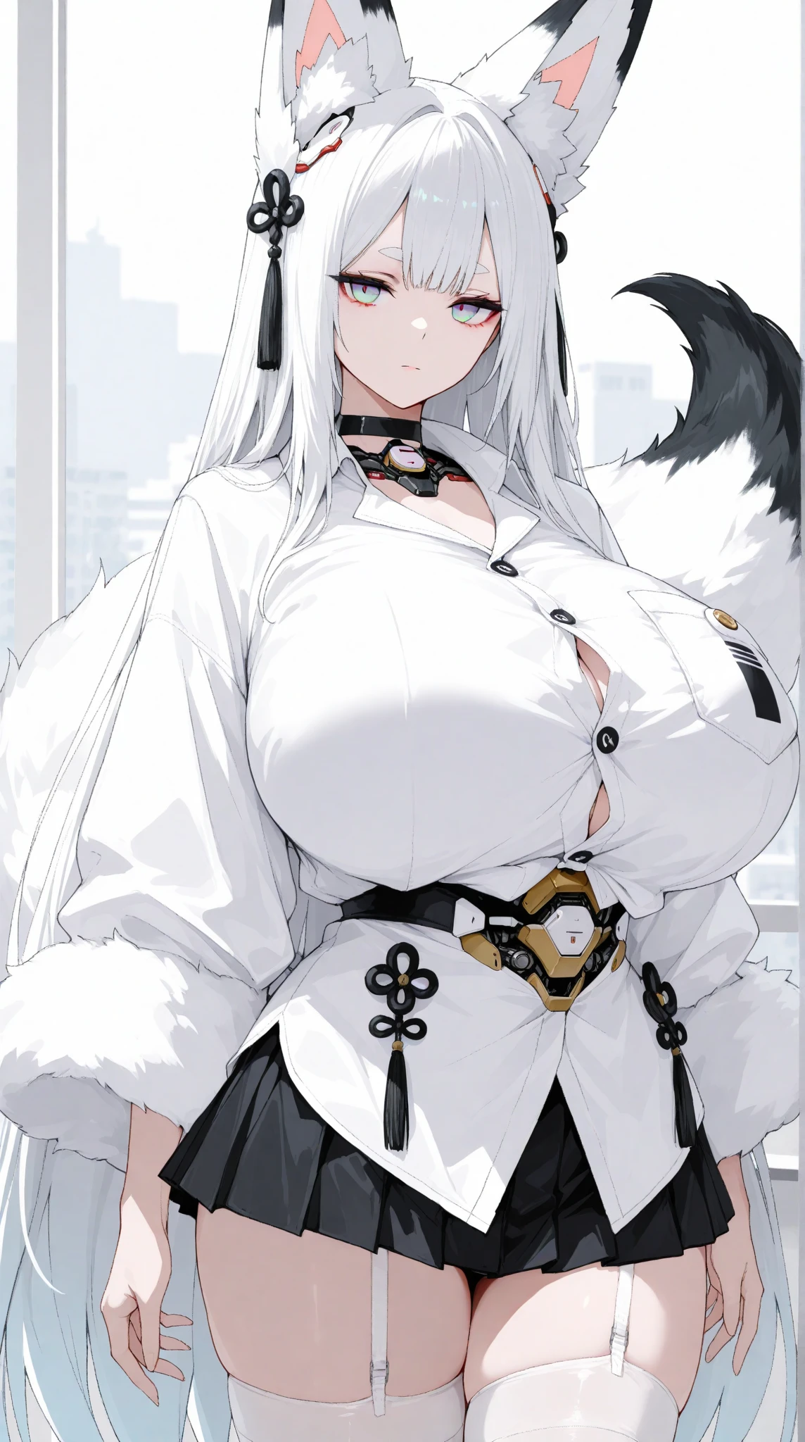 Blush, ((((White color blouse)))), black long boots, ((((Huge white furry tail)))), (on top of the bed), Reclining, D-cups, White hair, ahoge,((hair covering one eye)), Heart-shaped pupils, Purple eyes, Fox ears, Evil smile, Seductive smile, hearts in eyes, torogao, Reflectors, Yandere, anime big breast, Chiaroscuro, Ray tracing, shadowing, hyper HD, Masterpiece, Accurate, Anatomically correct, Textured skin, Super detail, High details, High quality, Award-Awarded, Best quality, A high resolution, 16k,(There is love around you),Tempting,(((Long knives)))