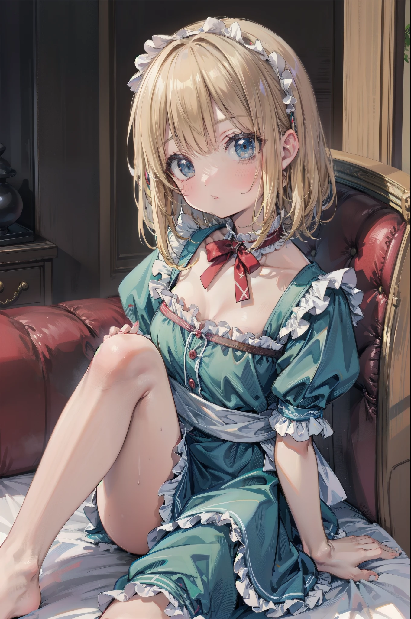 A 30-year-old woman wearing a light blue maid outfit with her legs open and her arms and legs chained.、Show panties、Turtle shell tied in chains、close up of crotch，Hand flail、fetters、gargantilha、chains，Angry look、尻穴、cunt、Taken from below、Focus on the crotch、1 Lady, Solo, (masutepiece), Best Quality、bobhair、Beige hair、Freckles on the face、Smaller chest、B Cup、absurderes、​masterpiece、top-quality、realisitic、Hyper-detailing、(skin gloss、Sweatiness:1.4)、((Looking at the camera))、(Light blue maid clothes)、long、((Hairstyle that reveals the forehead、a short bob、Beige hair))、dark brown eyes