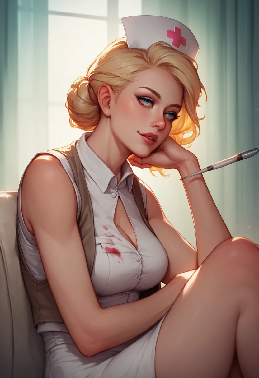 a woman with short blond hair, hair on shoulders, wearing a red tank top, small breasts and jeans, brown eyes, wife of preacher, tulip ohare, toon aesthetic, wearing red lipstick, look like tulip ohare (comics) (preacher) (vertigo), smoking, serious face, upper body, looking ahead