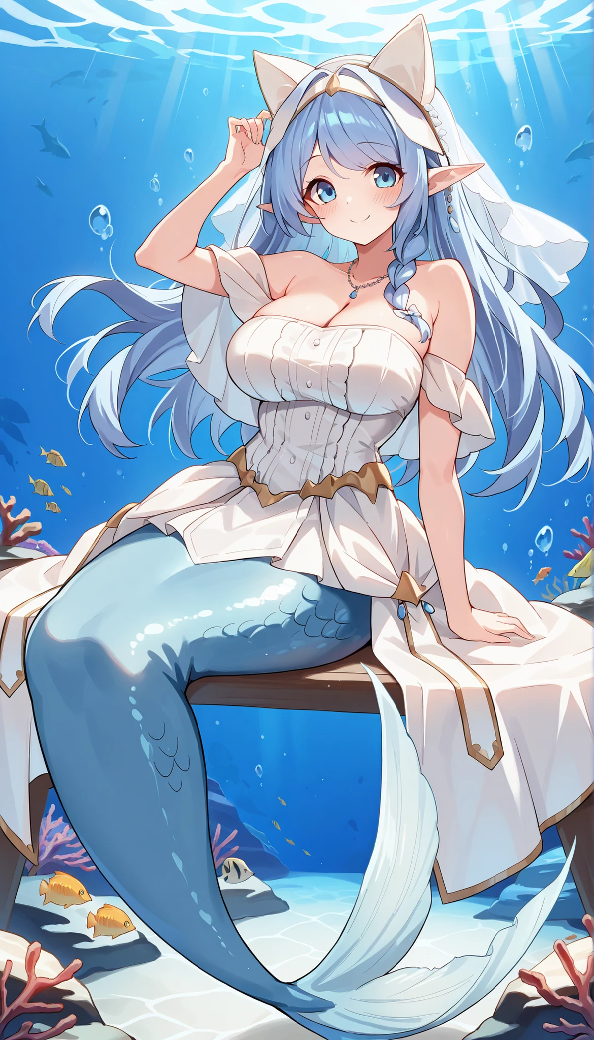 masterpiece, best quality(Complete five fingers),A woman,rodney (azur lane),Bangs,Black Ribbon,blue eyes,Blush,Eyebrows visible through hair,French Braid,Large Breasts,Lilac hair,Smile,Very long hair,Violet eyes,swimsuit,Mermaid,紫色的Mermaid尾巴,full-body shot,Get posed,Sea view,seabed,charming face(Kawaii, charming,Soft)